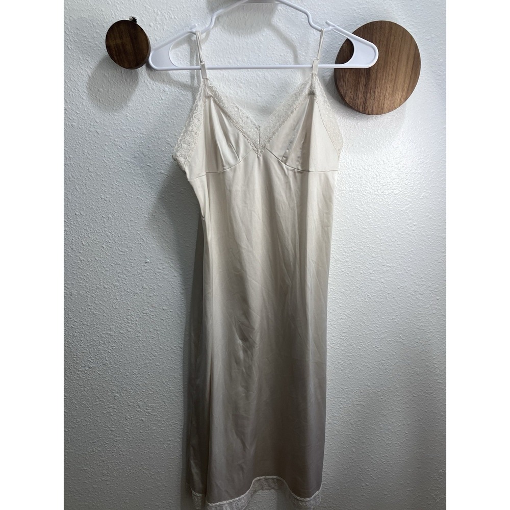 Vintage Ivory Silky Full Slip Dress Midi Size Small Lace Adjustable Straps